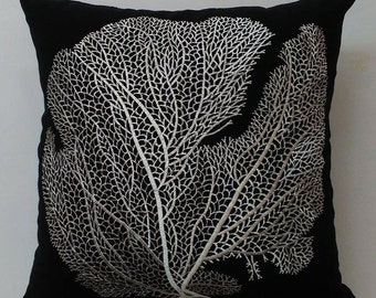 Black coral fan pillow   embroided with  off White. Black coastal / sea theame pillow,  nautical reage pillow cover 16 to 24x24  inche