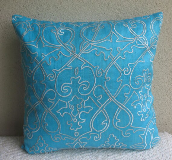 Turquoise Blue Silk Pillow Cover With White Filigree Etsy