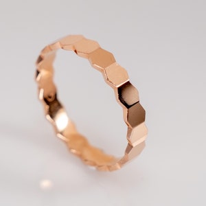 Solid Gold Hexagon Pattern Thin Wedding Band Ring, Men Minimalist Marriage Ring, 10K-14K-18K Solid Gold Men Wedding Band, Matching Gold Ring
