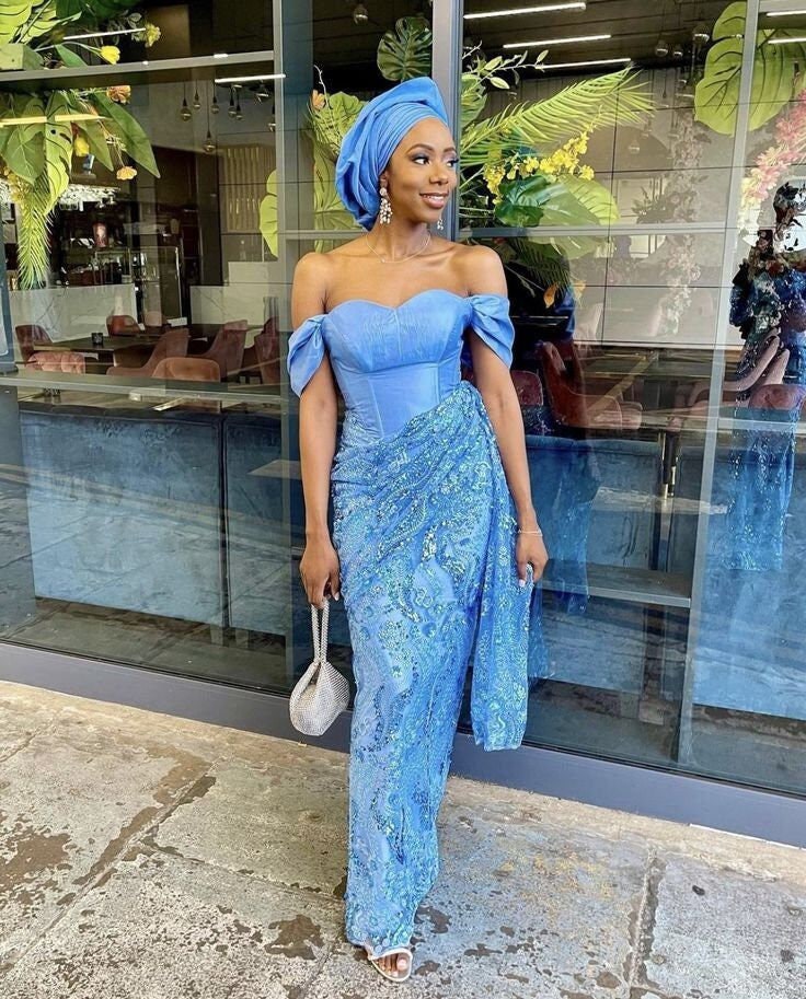 Aso Ebi Blue And Champagne Dress Light Blue Aso Oke Aso Oke Sky