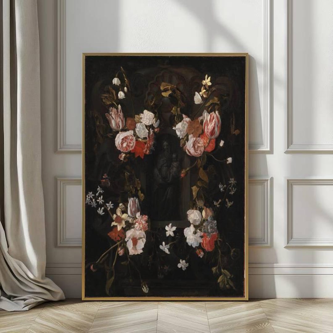 Moody Dark Floral Vintage Oil Painting, Antique Flowers Still Life Wall ...