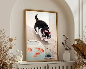 Japanese Cat Art, Kawaii Kitten Goldfish Bowl, Ukiyo-e Style Vintage Canvas, Black and White Tuxedo Cat Wall Decor, High Quality Canvas