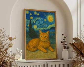 Van Gogh Style Cat Art, Starry Night Cat Wall Art, Orange Tabby Cat Painting, Whimsical Pet Portrait, Modern Art Decor, Gift for Cat Lovers