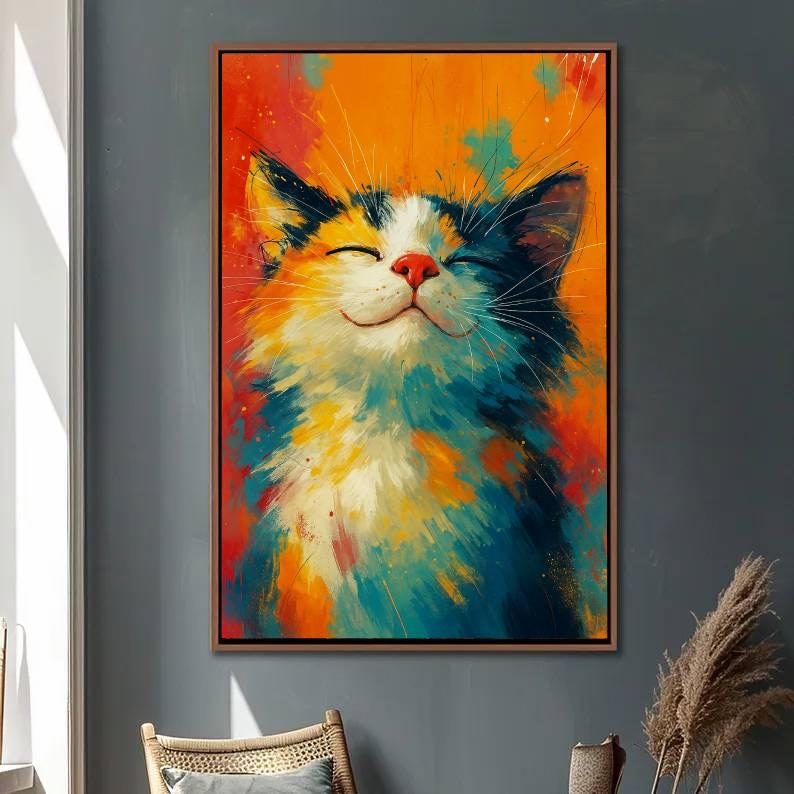 May include: A framed painting of a smiling cat with closed eyes. The cat's fur is a mix of blue, orange, white, and yellow brushstrokes against a vibrant orange background. The cat has a red nose and black ears.