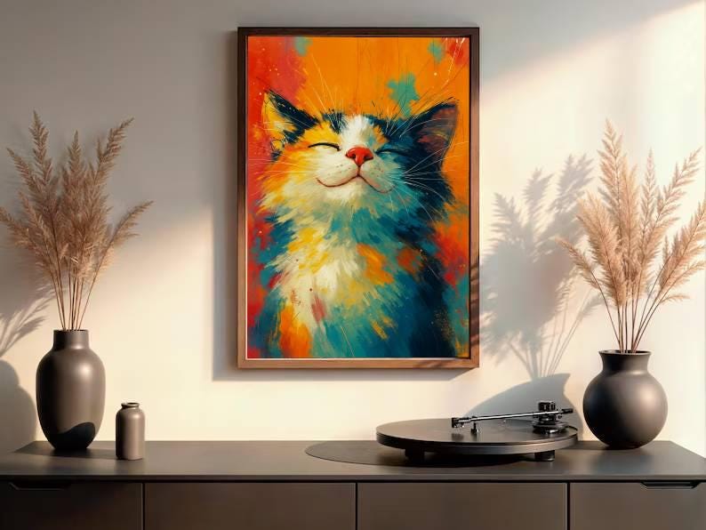 May include: A framed art print of a smiling cat with closed eyes. The cat's fur is a mix of white, blue, orange, and yellow. The background is a blend of orange and red. The artwork is displayed above a dark gray cabinet.