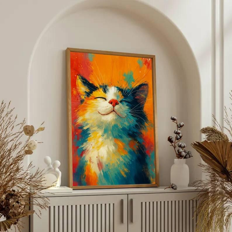 May include: A framed art print of a smiling cat. The cat is depicted with a colorful, impressionistic style, featuring shades of blue, orange, yellow, and white. The artwork has a wooden frame and is displayed on a white cabinet.