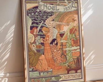 Vintage Noël 1893 Poster, French Christmas Art Print,Antique Angel Illustration Wall Decor,Art Nouveau Holiday Artwork, Retro Christmas Gift