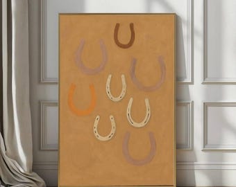 Lucky Horseshoes Wall Art, Framed Western Abstract Warm Brown Tones Canvas Print, Rustic Modern Farmhouse Decor for Living Room or Entryway