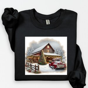 Retro Christmas Red Pickup Truck Winter Cabin Sweatshirt - 90s Mountain Pine Trees Snowy Day Outfit - Boho Unisex Crewneck Shirt