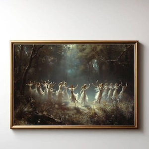 August Malmström "Dancing Fairies" Canvas, Dark Academia Cottagecore Vintage Oil Painting, Moody Fairy Ballet Wall Art, Large Wall Canvas