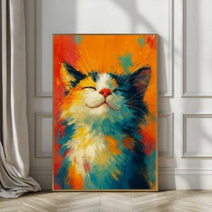 Colorful Cat Wall Art Canvas, Vibrant Cat Painting, Abstract Animal Print, Modern Pet Portrait, Happy Cat Artwork, Bright Home Decor