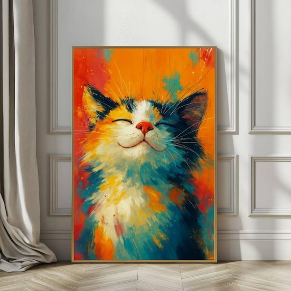 Colorful Cat Wall Art Canvas, Vibrant Cat Painting, Abstract Animal Print, Modern Pet Portrait, Happy Cat Artwork, Bright Home Decor