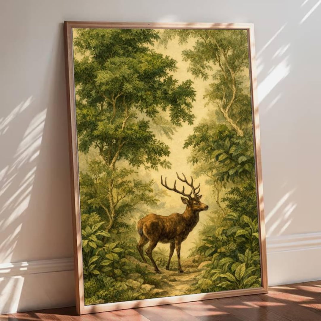 Vintage Deer Wall Art, Stag in Forest Painting, Rustic Woodland ...