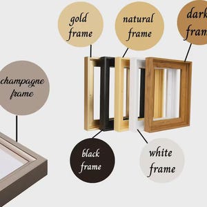 May include: A selection of picture frames in various colors, including gold, black, white, natural, dark, and champagne. The frames are square and have a simple, modern design. The image also labels each frame color.
