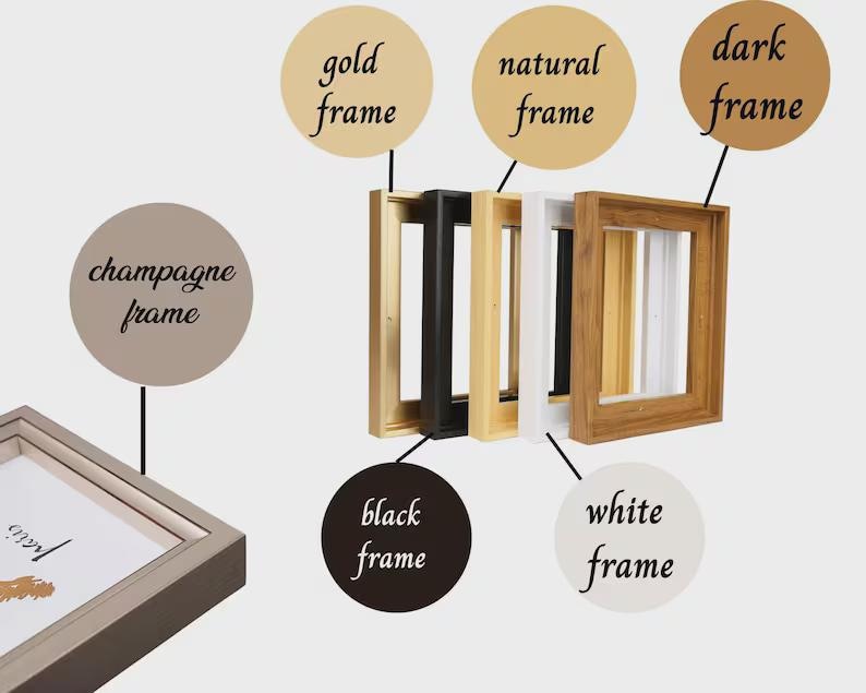 May include: A selection of picture frames in various colors, including gold, black, white, natural, dark, and champagne. The frames are square and have a simple, modern design. The image also labels each frame color.