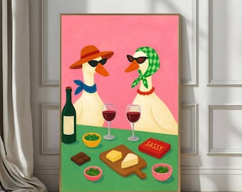 Whimsical Goose Wall Art – Retro Pink Duck Painting with Wine and Cheese – Funny Animal Canvas Print for Kitchen or Dining Room Decor