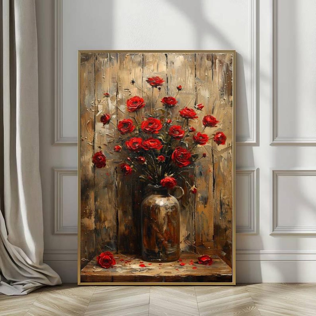 Red Roses Oil Painting in Vase, Rustic Wood Background Floral Art ...