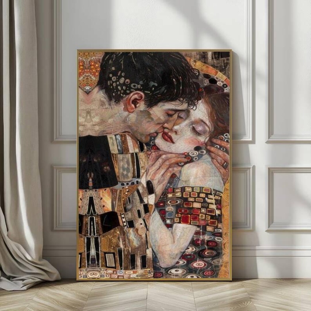 Gustav Klimt Inspired Lovers Wall Art, Romantic Kissing Couple Painting ...