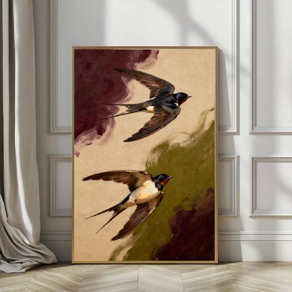 Cuadro vintage de golondrinas, arte mural de golondrinas de granero melancólico, impresión abstracta al óleo, decoración en tonos terrosos, póster de aves de estilo antiguo.