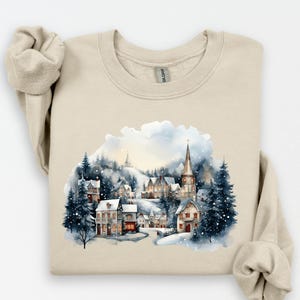 Retro Christmas Winter Village Shirt - Nineties 90s Mountain Pine Trees Decorated Cabins Outfit - Boho Unisex Crewneck Sweatshirt