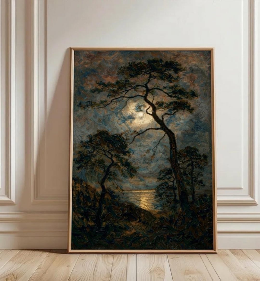 Moonlit Pine Forest Art Print Canvas, Full Moon Canvas Painting, Moody ...