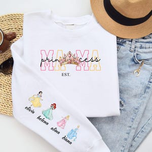 Custom Mama Princess Sweatshirt, Mama Est with Kid Name on Sleeve Hoodie, Personalized Mom Sweater, Mother&#39;s Day T-Shirt, Custom Mama Shirt