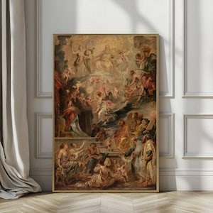 Baroque Religious Painting Print, Rubens Style Oil Painting, Large Canvas Wall Art, Heavenly Scene, Vintage Catholic Art Decor,Framed Canvas
