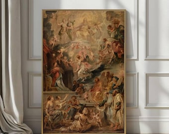 Baroque Religious Painting Print, Rubens Style Oil Painting, Large Canvas Wall Art, Heavenly Scene, Vintage Catholic Art Decor,Framed Canvas