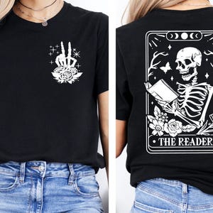 The Reader Tarot Card Front And Back Printing Shirt, Skeleton Reading T-shirt, Book Lover Gift For Women, Book Lover Tee, Tarot Card Shirt
