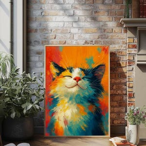 May include: A framed art print of a smiling cat with closed eyes. The cat's fur is a mix of white, black, orange, and blue, with a red nose. The background is a vibrant blend of orange, red, and green hues, creating a colorful and cheerful artwork.