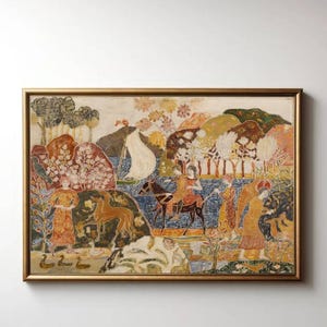 May include: A framed painting with a gold border. The artwork depicts a landscape with figures, animals, and a boat. The color palette includes shades of orange, brown, blue, and green, creating a vintage aesthetic.