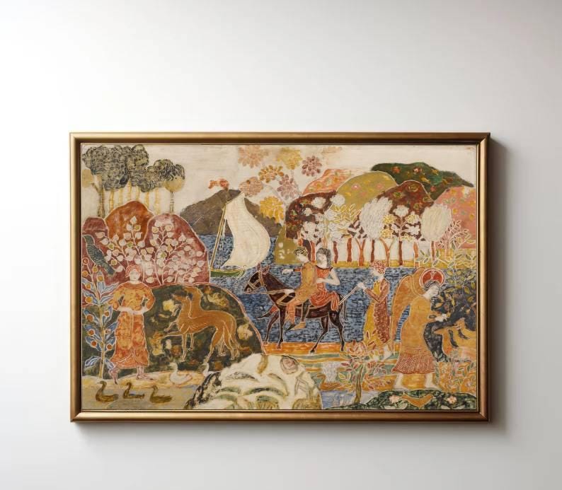 May include: A framed painting with a gold border. The artwork depicts a landscape with figures, animals, and a boat. The color palette includes shades of orange, brown, blue, and green, creating a vintage aesthetic.