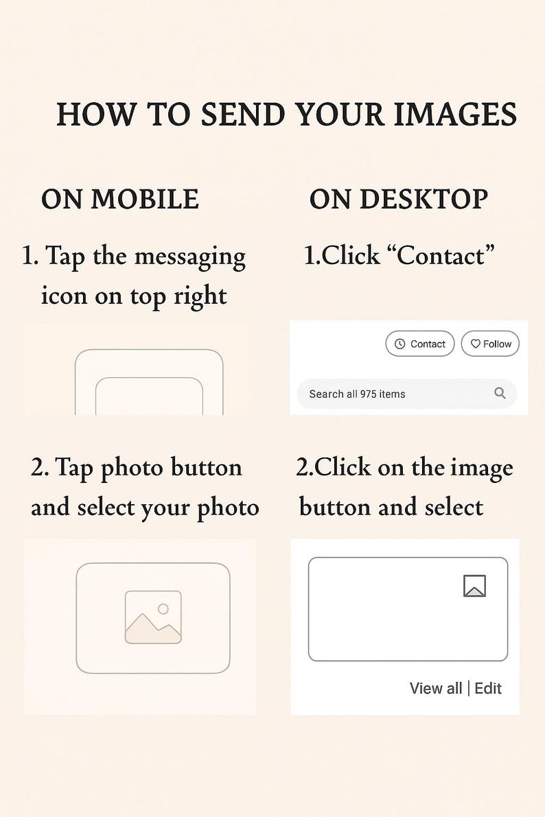 May include: Image with instructions on how to send images. The text reads "HOW TO SEND YOUR IMAGES" with steps for mobile and desktop users. Includes illustrations of a phone and computer interface.