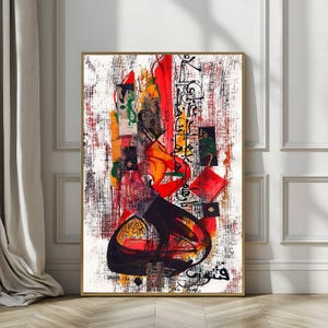 May include: Abstract art print with a gold frame. The artwork features a mix of colors including red, black, orange, and green. The design incorporates calligraphy and geometric shapes on a textured white background.