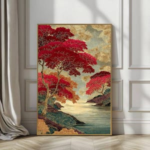 Japanese Red Tree Wall Art, Oriental Landscape Canvas, Gold Foil Style Botanical Print, Zen Garden Lake Painting,Asian Inspired Nature Decor