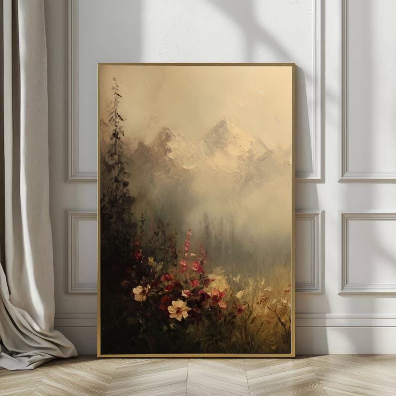 Abstract Landscape Wall Art, Moody Mountain Canvas, Floral Forest Artwork, Neutral Tone Wall Decor, Nature Inspired Art, Modern Rustic Art