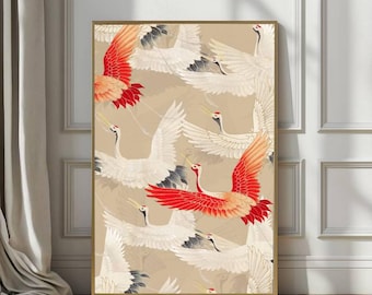 Japanese Crane Wall Art, Red & White Crane Art, Oriental Bird Illustration, Minimalist Asian Decor, Elegant Crane Poster, Neutral Wall Art