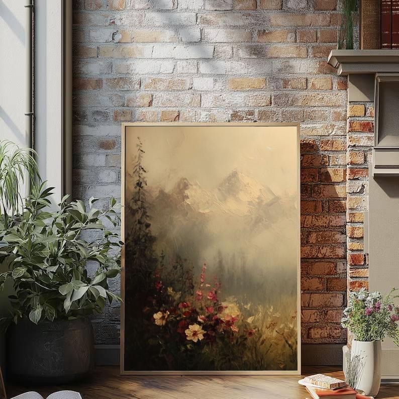 May include: A framed landscape painting featuring a mountain range in the background and a field of flowers in the foreground. The painting has a soft, muted color palette with shades of beige, green, and red. The artwork is displayed against a brick wall.