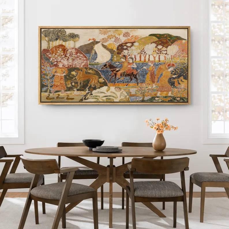 May include: A framed artwork depicting a historical scene with figures, horses, and a boat, in shades of brown, blue, and gold. The artwork hangs above a wooden dining table with six chairs. A vase of flowers sits on the table.