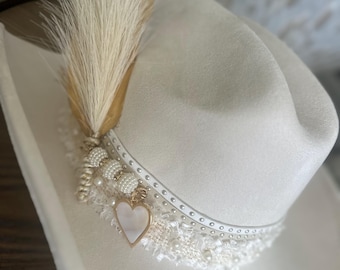 Custom Personalized Ivory Bridal, Birthday, Bachelorette Cowgirl Hat, Bejeweled Cowboy Adjustable Hat