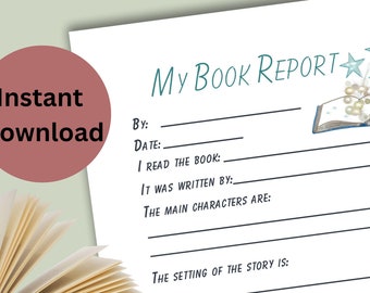 May include: A printable book report template with a whimsical design featuring a blue book with stars and pearls. The template includes sections for the book title, author, main characters, setting, and more.