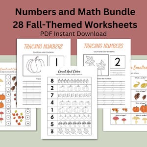 May include: A set of 28 printable fall-themed math worksheets for kids. The worksheets feature tracing numbers, counting and coloring objects, and comparing sizes. The worksheets include images of pumpkins, acorns, mushrooms, and leaves.