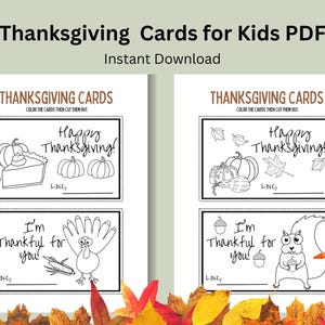 Könnte beinhalten: Vier druckbare Thanksgiving-Karten zum Ausmalen und Ausschneiden für Kinder. Die Karten zeigen Bilder von einem Kürbiskuchen, einem Truthahn, einem Eichhörnchen und einem Füllhorn. Der Text auf den Karten lautet "Frohes Thanksgiving!" und "Ich bin dankbar für dich!"