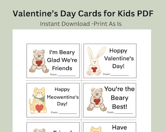Op de afbeelding: Printbare Valentijnsdagkaarten voor kinderen met schattige dierillustraties en invulvakjes "Van:". De kaarten bevatten berichten zoals "Ik ben heel blij dat we vrienden zijn", "Gelukkige Valentijnsdag!" en "Je bent de beste!"