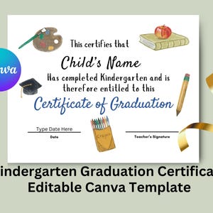 Kindergarten Graduation Certificate- Editable Template- Kindergarten Diploma- Canva Template- Kindergarten Certificate- Printable PDF