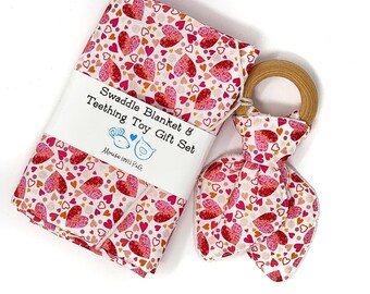 Pink Hearts Baby Shower Gift Set, Cotton Swaddle Blanket, Wood Teether
