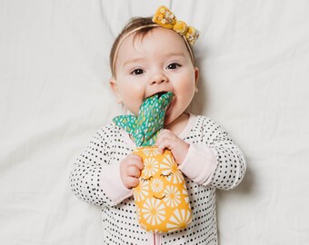 Organic Cotton Pineapple Baby Rattle, Hand Embroidered Sensory Toy