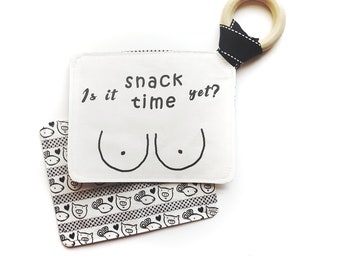 Organic Cotton Baby Crinkle Toy, Maple Ring Teether, Breastfeeding Humor Gift
