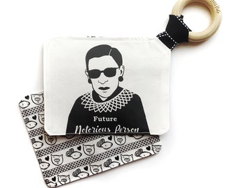 RBG Baby Crinkle Toy, Organic Cotton, Wooden Ring