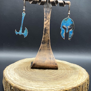 Handmade Copper Helmet and Axe Earrings: Spartan Gladiator Viking Style